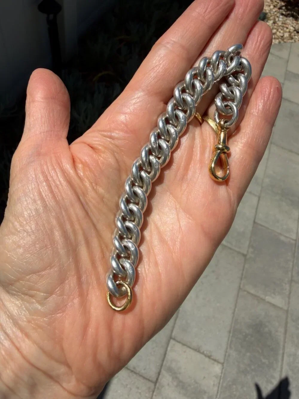 Chunky antique sterling silver curb chain bracelet with XL gold dog clip, 6.5